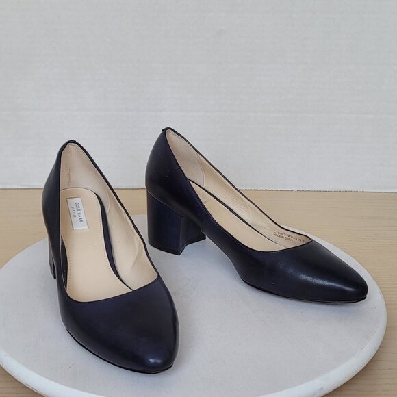 Cole Haan Justine Navy Leather Block Chunky Heels Classic Pumps - Picture 1 of 16